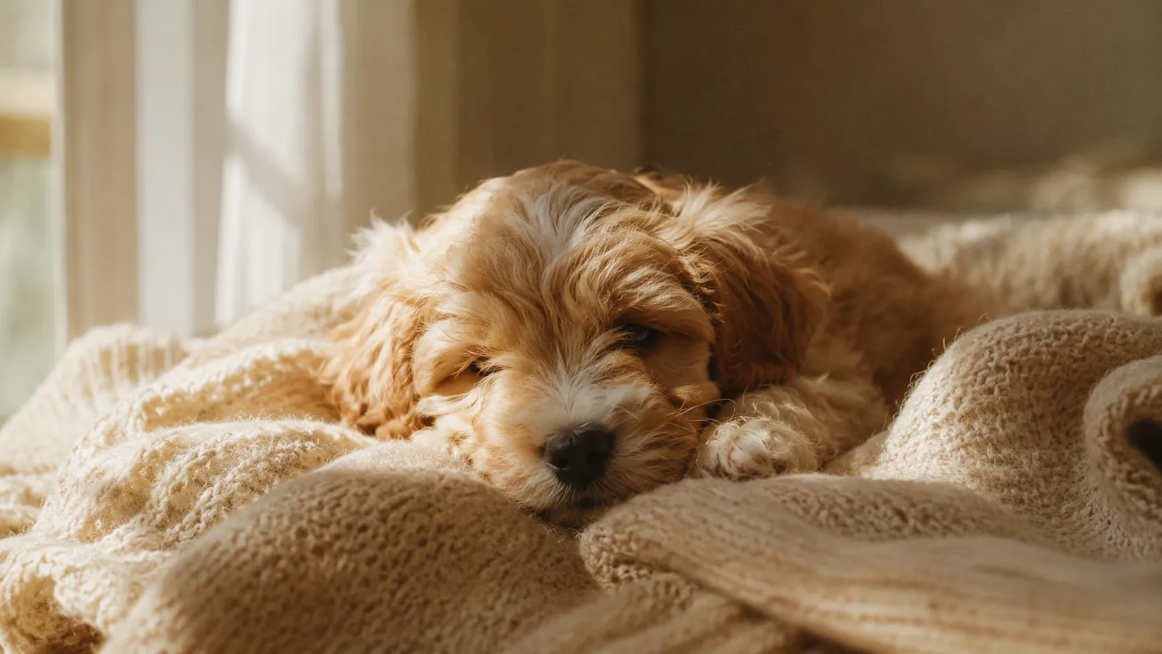 Maltipoo Welpe der MALU Liebhaberzucht wird sanft auf einer warmen Decke gehalten