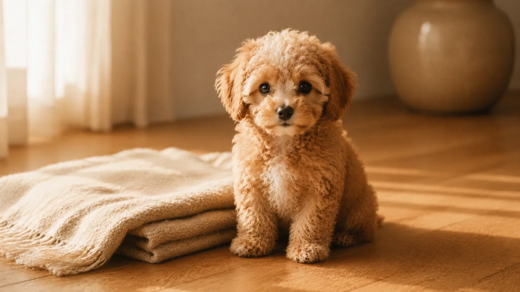 Maltipoo Welpe sitzt ruhig auf einem warmen Holzboden neben einer weichen Decke