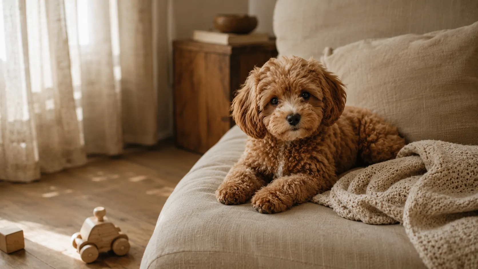 Maltipoo Welpe ruht im Wohnzimmer unserer Familienzucht zwischen Decke und Kinderspielzeug