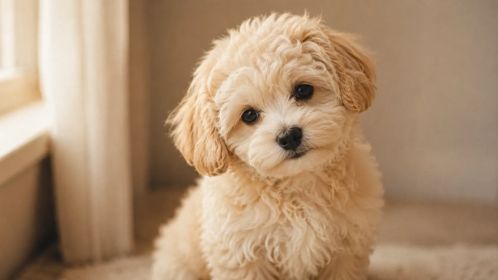 Neugieriger Maltipoo-Welpe schaut in die Kamera – aktuelle Welpen bei MALU